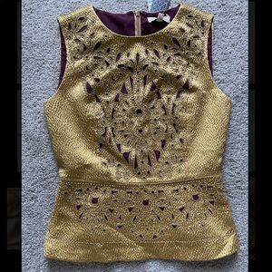 TORY BURCH Gold Metallic Beaded Peplum Top